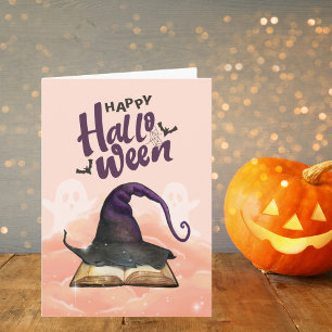 Tarjeta Feliz Gorra de Brujas de Halloween y libro de dele
