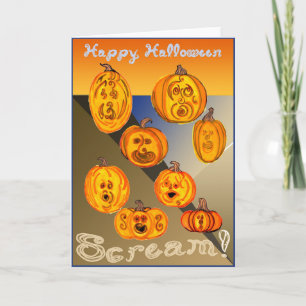 Tarjeta ¡Feliz Grito de Halloween! Calabazas gritando