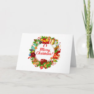 Tarjeta Feliz guerra de Navidad con ornamentos y regalos