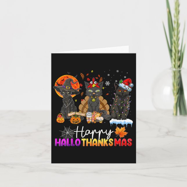 Tarjeta Feliz Hallothanksmas Black Cat Halloween Thanksgiv (Anverso)