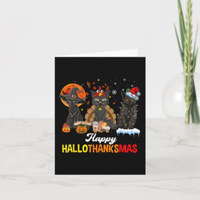Tarjeta Feliz Hallothanksmas Black Cat Halloween Thanksgiv (Anverso)