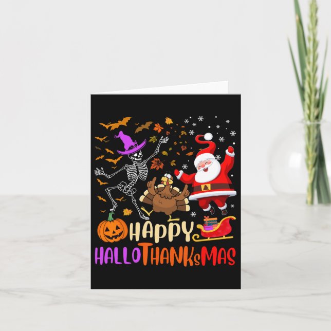 Tarjeta Feliz Hallothanksmas Esqueleto Calabaza Pavo Santa (Anverso)