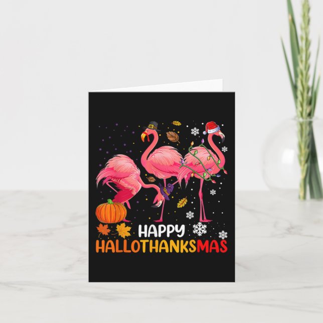 Tarjeta Feliz Hallothanksmas Flamingo (Anverso)