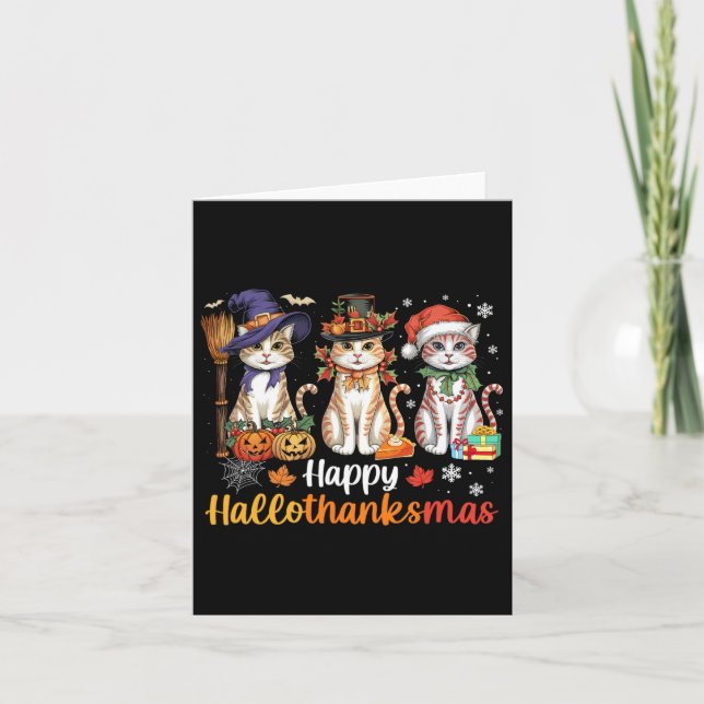 Tarjeta Feliz Hallothanksmas gatos Halloween Día de Acción (Anverso)