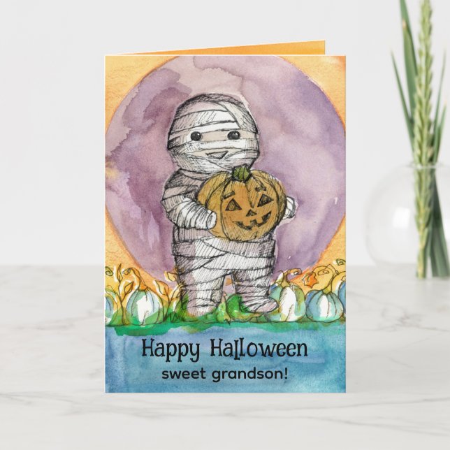 Tarjeta Feliz Halloween Abuela Mummy Pumpkins (Anverso)