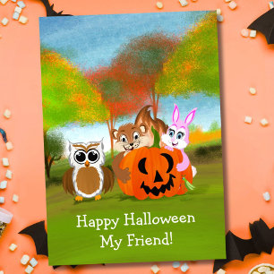 Tarjeta Feliz Halloween amigo ardilla, conejo y búho