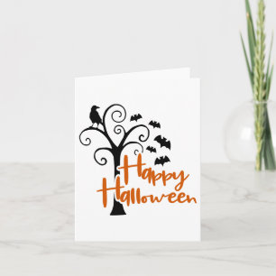 Tarjeta Feliz Halloween Árbol Muerto Negro Naranja Murciél