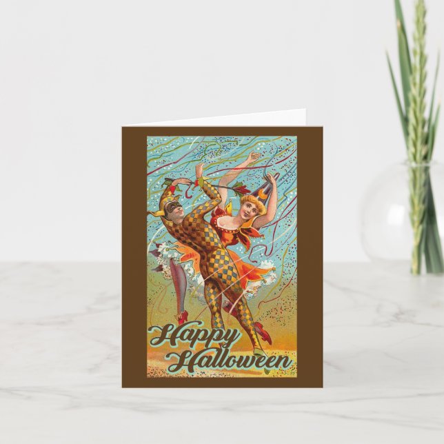 Tarjeta Feliz Halloween Bailando Bufón Máscara Vintage (Anverso)