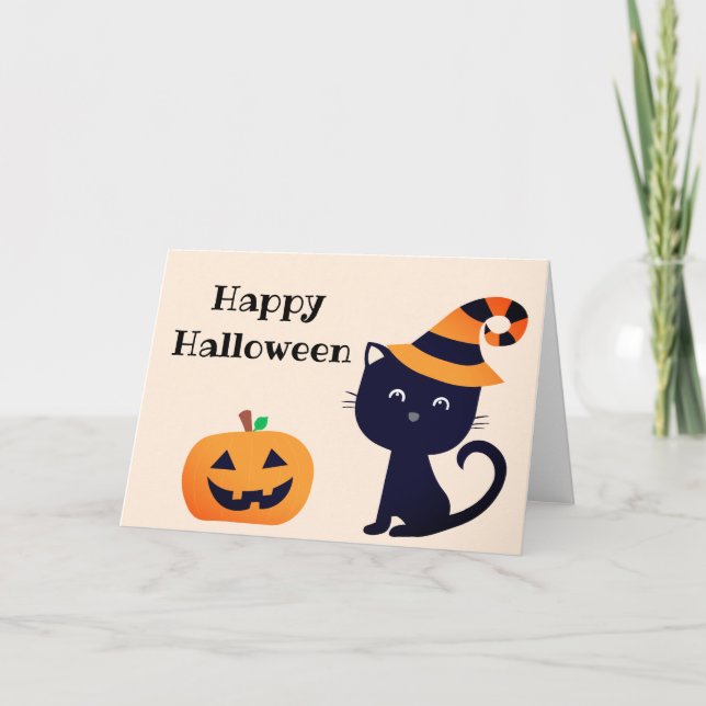 Tarjeta Feliz Halloween Black Cat Jack O Lantern (Anverso)