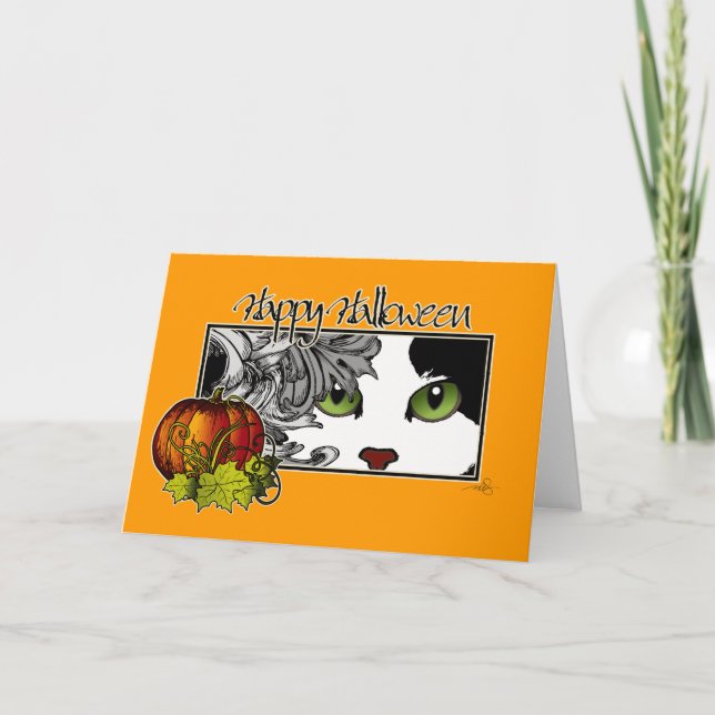 Tarjeta Feliz Halloween Black 'n White Cat (Anverso)