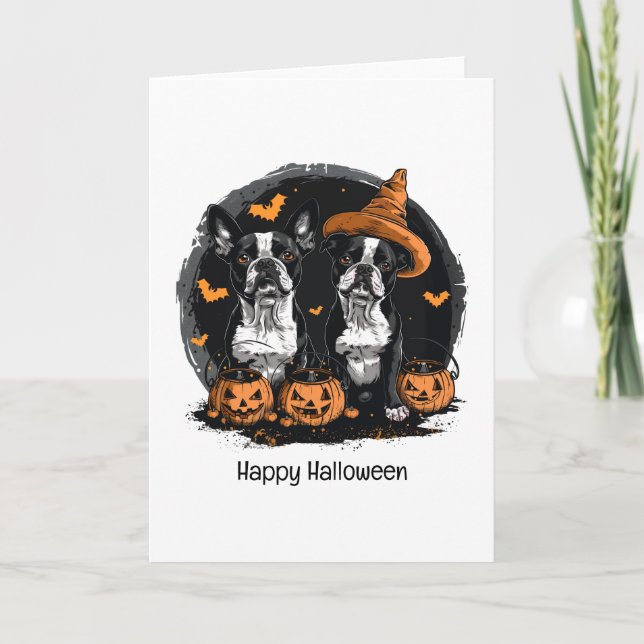 Tarjeta Feliz Halloween Boston Terrier Dogs (Anverso)