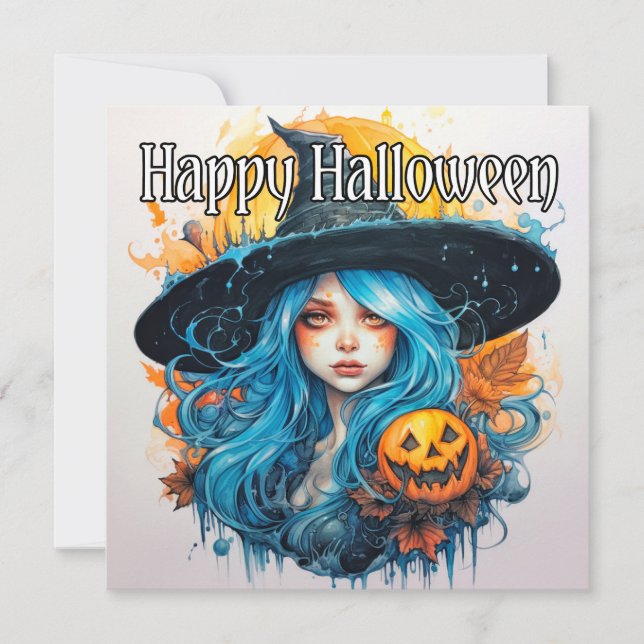 Tarjeta Feliz Halloween | Bruja azul haitiana (Anverso)
