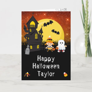Tarjeta Feliz Halloween Bruja Fantasma Naranja