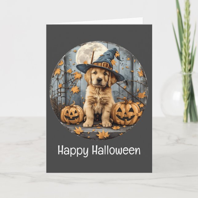 Tarjeta Feliz Halloween Bruja Golden Retriever Dog Pumpkin (Anverso)