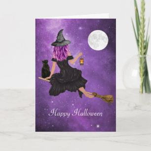 Tarjeta Feliz Halloween Bruja Mágica Voladora