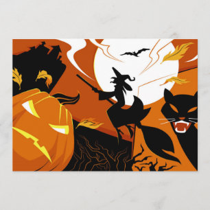 Tarjeta Feliz Halloween bruja, murciélagos y calabazas