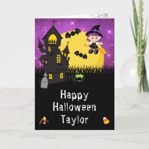 Tarjeta Feliz Halloween Bruja Púrpura