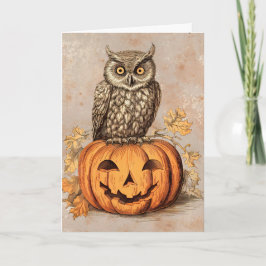 Tarjeta Feliz Halloween Búho y Calabaza Adorables