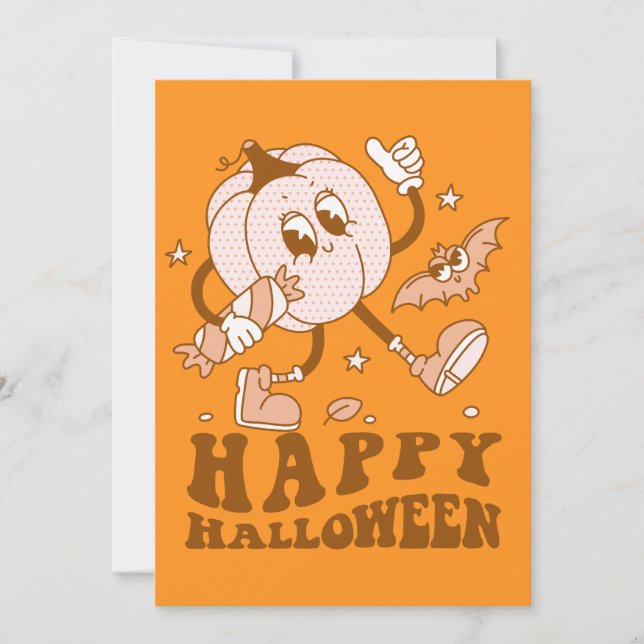 Tarjeta Feliz Halloween| Calabaza de punto de Polka retro (Anverso)