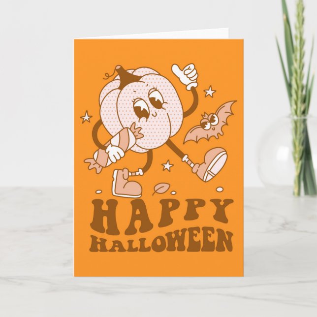 Tarjeta Feliz Halloween| Calabaza de punto de Polka retro (Anverso)