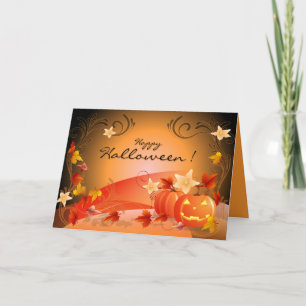 Tarjeta ¡Feliz Halloween! Calabazas, hojas de otoño y
