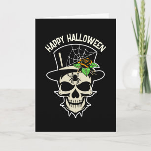 Tarjeta Feliz Halloween Calavera en sombrero superior