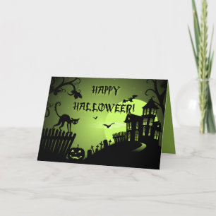 Tarjeta Feliz Halloween: Casa de un gato negro embrujado