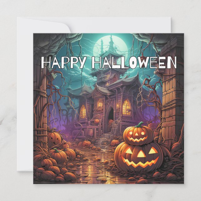 Tarjeta Feliz Halloween | Casa embrujada (Anverso)