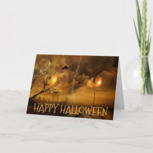 Tarjeta Feliz Halloween Cat Ojos de árboles embrujados Tar