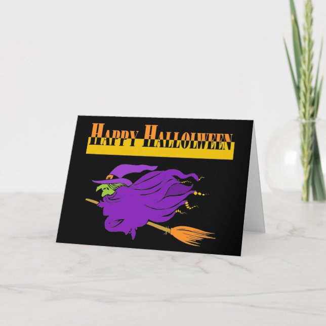 Tarjeta Feliz Halloween con bruja morada (Anverso)