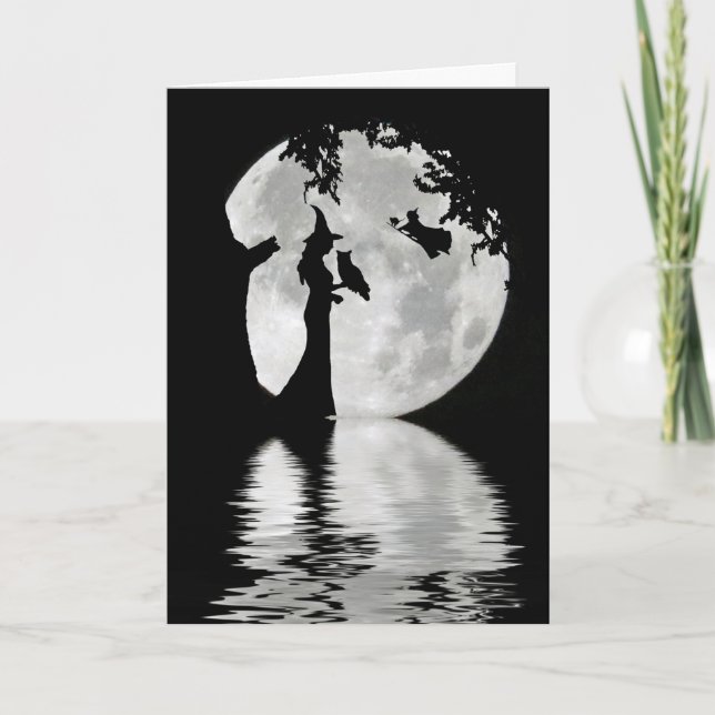 Tarjeta Feliz Halloween con brujas, búho, luna de gato neg (Anverso)