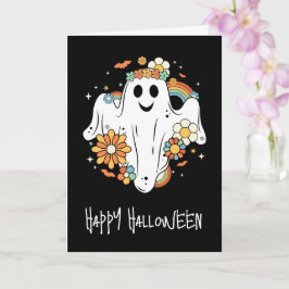 Tarjeta Feliz Halloween con el retro fantasma Hippie