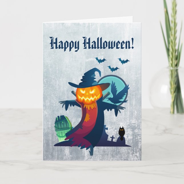Tarjeta Feliz Halloween con espantapájaros (Anverso)
