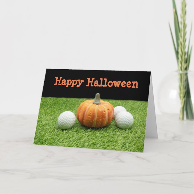 Tarjeta Feliz Halloween con pelota de golf y calabaza (Anverso)