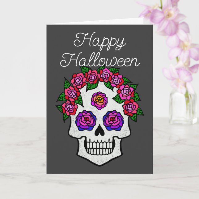 Tarjeta Feliz Halloween Cráneo de Arcoíris con Rosas (Orquídea)