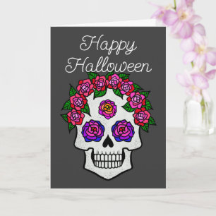 Tarjeta Feliz Halloween Cráneo de Arcoíris con Rosas