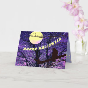 Tarjeta Feliz Halloween Cuervo, Luna, Sol, Estrell