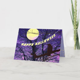 Tarjeta Feliz Halloween Cuervo, Luna, Sol, Estrell