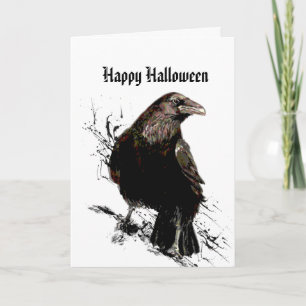 Tarjeta Feliz Halloween Cuervo Pájaro Negro Gótico