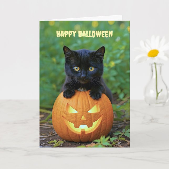 Tarjeta Feliz Halloween Cuidad Pequeño Gatito Negro (Planta pequeña)
