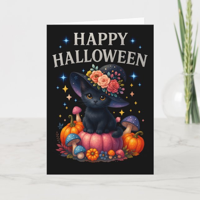 Tarjeta Feliz Halloween Cumpkin Cat Greetings Card (Anverso)