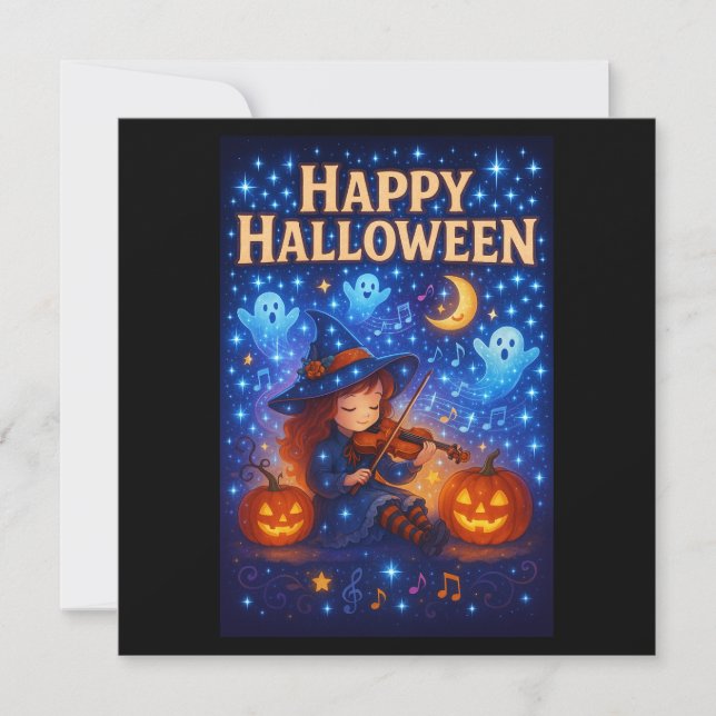 Tarjeta Feliz Halloween Cute Musical Witch Greetings Card (Anverso)