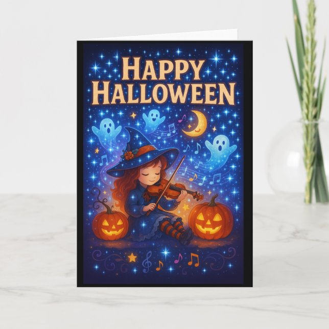 Tarjeta Feliz Halloween Cute Musical Witch Greetings Card (Anverso)