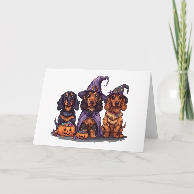 Tarjeta Feliz Halloween Dachshund Perros Brujos (Anverso)