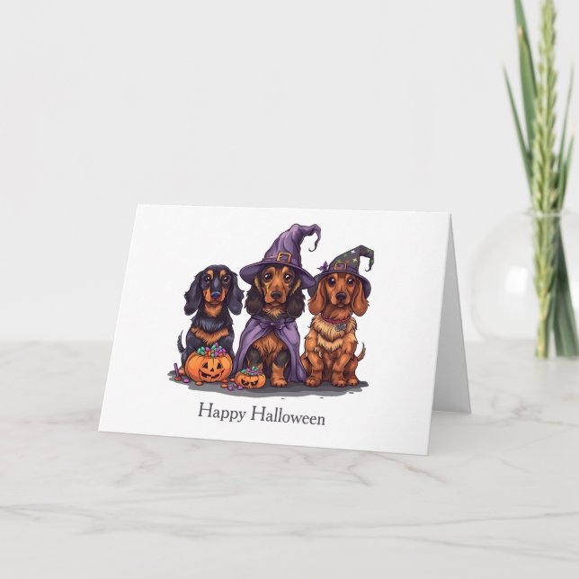 Tarjeta Feliz Halloween Dachshund Perros Brujos (Anverso)