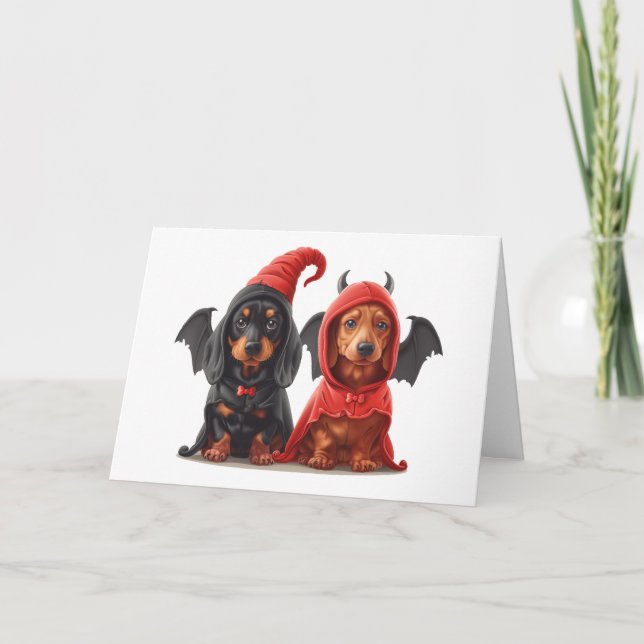 Tarjeta Feliz Halloween Dachshund Perros Devil Bat (Anverso)