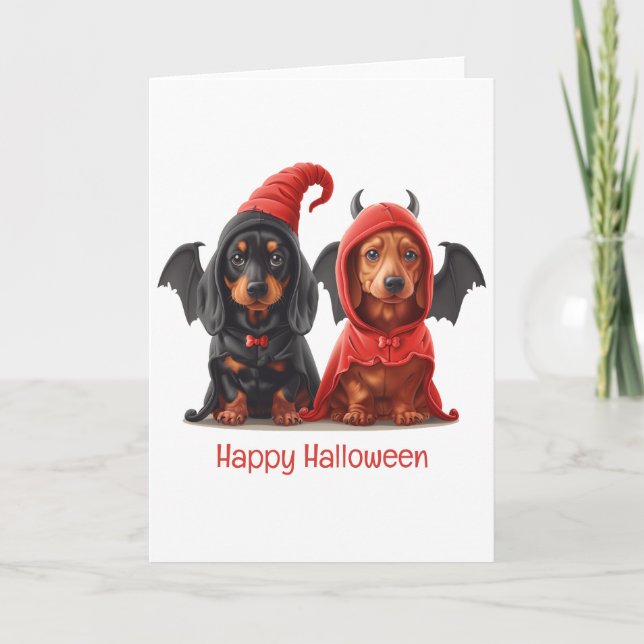 Tarjeta Feliz Halloween Dachshund Perros Devil Bat (Anverso)