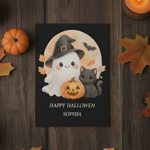 Tarjeta Feliz Halloween de Fantasma Lindo y Gato N