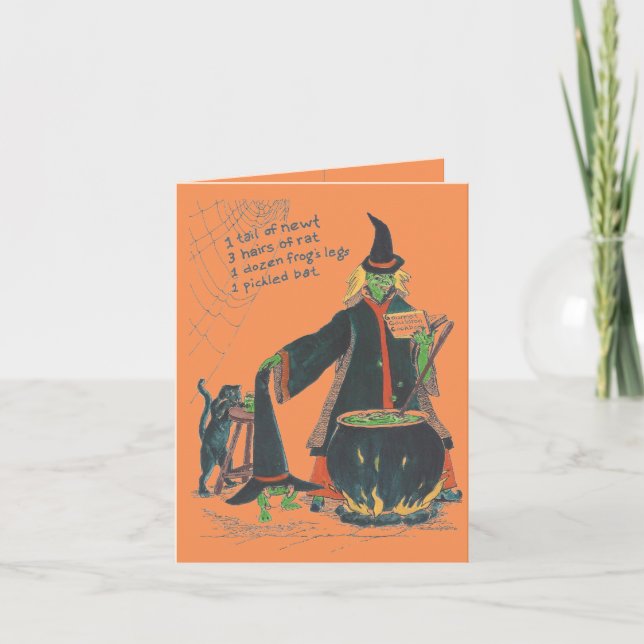 Tarjeta Feliz Halloween del Brew de las brujas con el gato (Anverso)