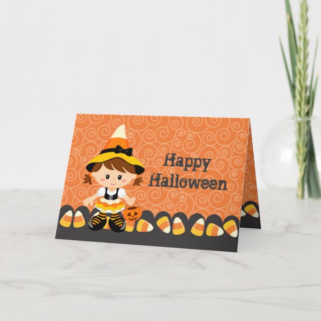 Tarjeta Feliz Halloween del chica de la bruja del caramelo (Anverso)
